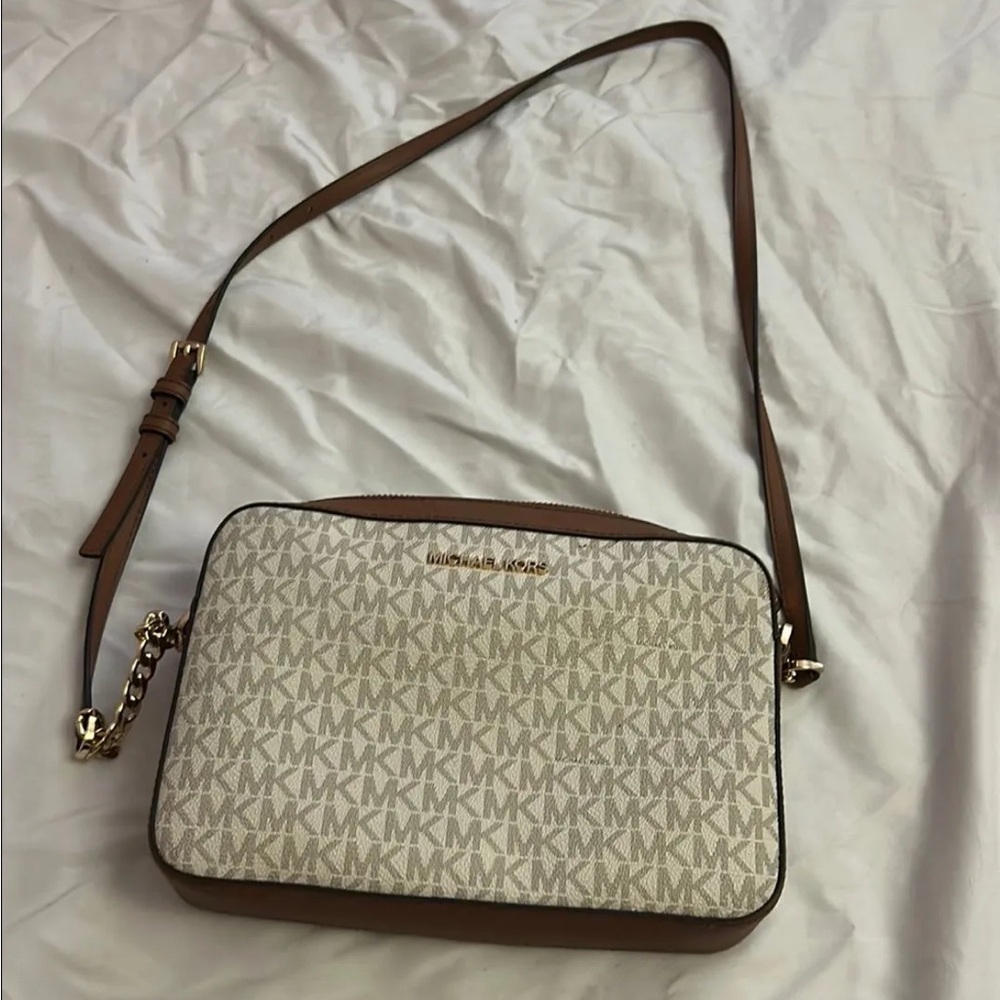 Michael Kors Tan and Cream Logo Crossbody Bag